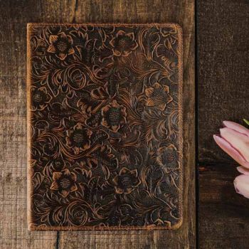 iPad Mini 6 Carved Brown Genuine Leather Case - With Sleep/Wake & Pencil Holder